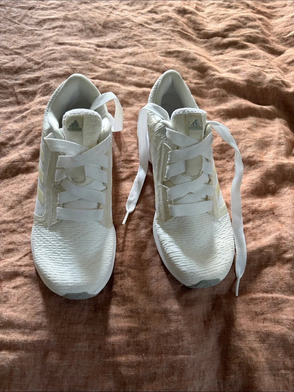 adidas White Knit Low-Top Sneakers with iridescent stripes